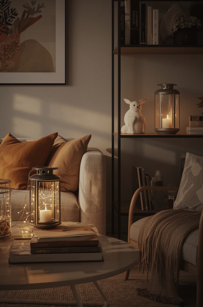 Ambiance cosy dans un salon avec des lanternes créant des points lumineux sur une table basse et une bibliothèque.