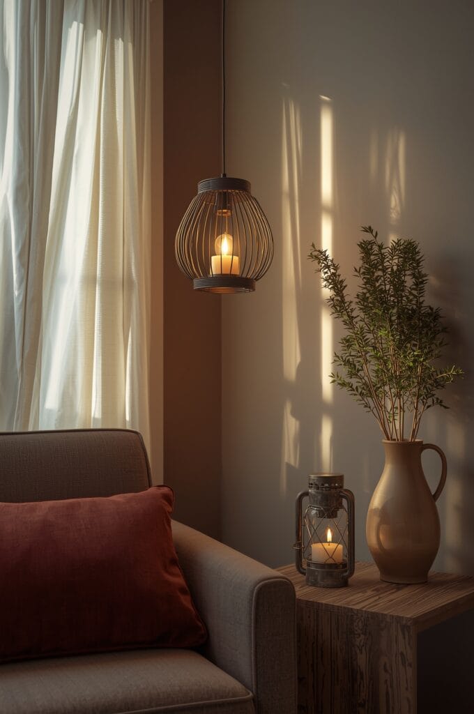 Coin salon cosy avec une lanterne suspendue près d'une fenêtre et une lanterne posée sur une table, créant une ambiance lumineuse.