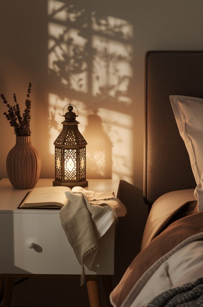 Lanternes chambre créant des jeux d'ombres avec une lumière douce sur table de chevet