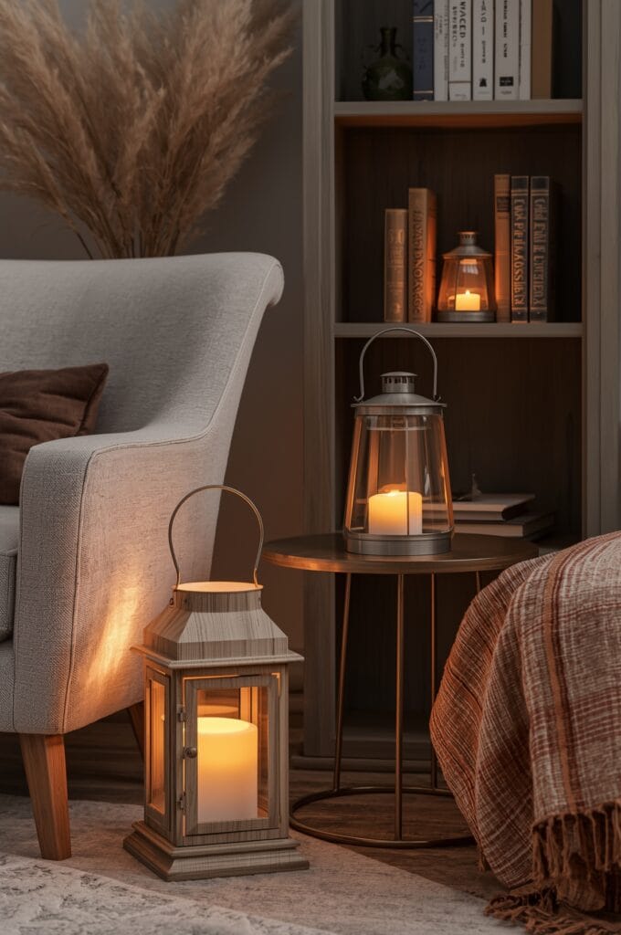 Ambiance chambre cosy avec plusieurs lanternes à différentes hauteurs créant un éclairage doux et chaleureux