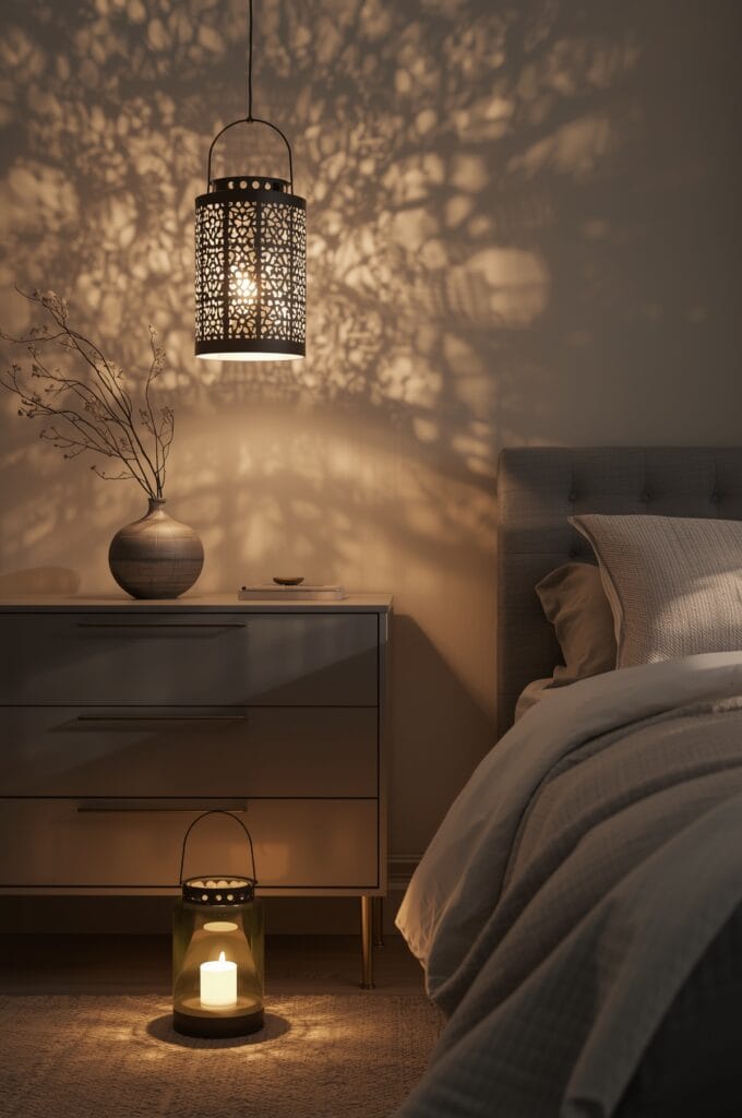 Jeux d'ombres et de lumières avec des lanternes suspendues et au sol dans une chambre cosy