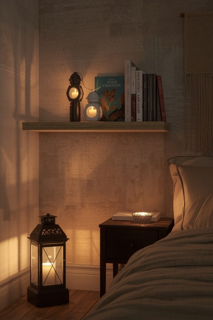 Agencement de lanternes à différents niveaux dans une chambre pour une ambiance intime et cosy
