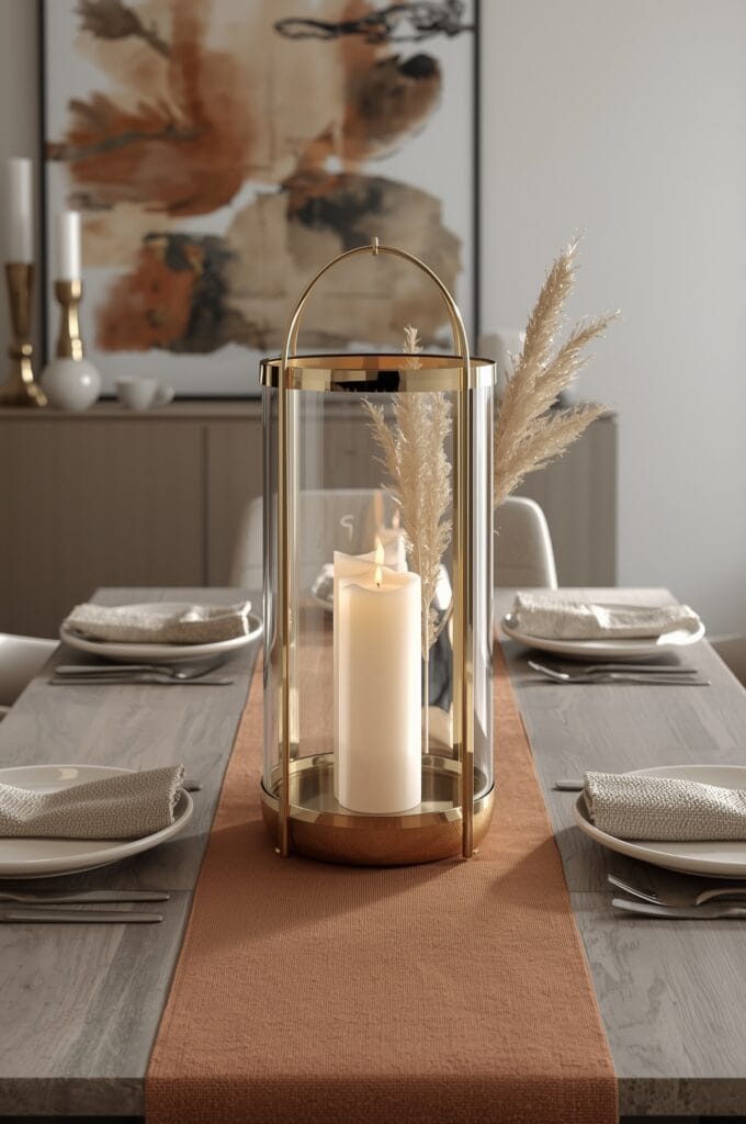 Centre de table élégant avec une lanterne en laiton et verre teinté entourée de bougies et d'éléments naturels.