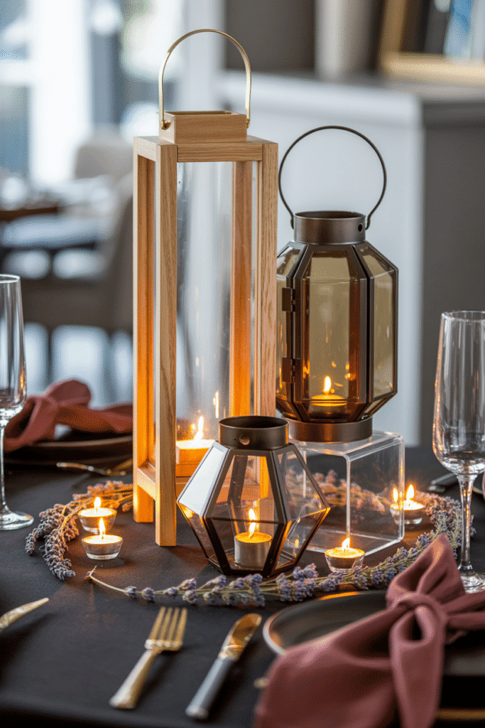 Composition dynamique de lanternes multiples à différentes hauteurs sur une table à manger moderne.