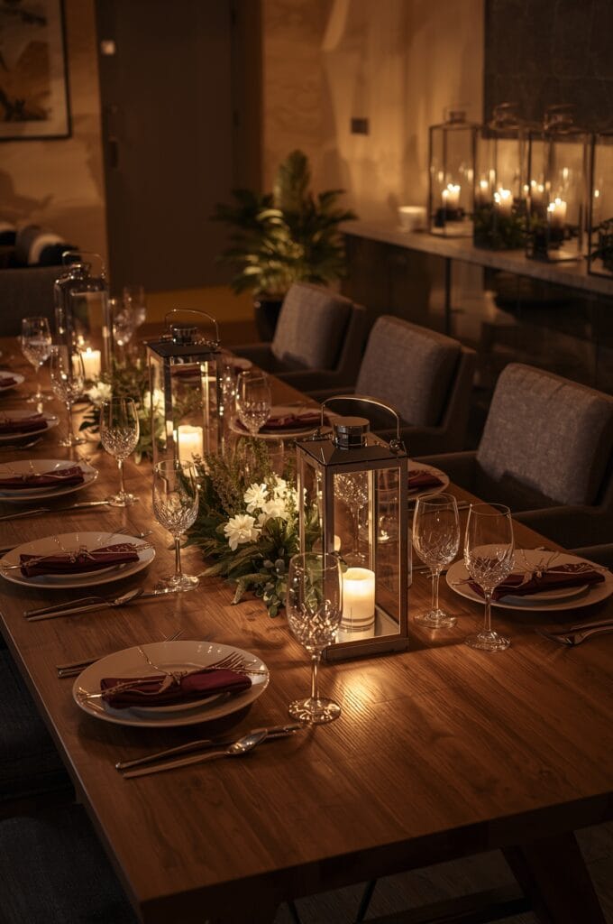 Salle à manger élégante avec plusieurs lanternes en métal et verre sur la table et un buffet, créant une ambiance romantique.