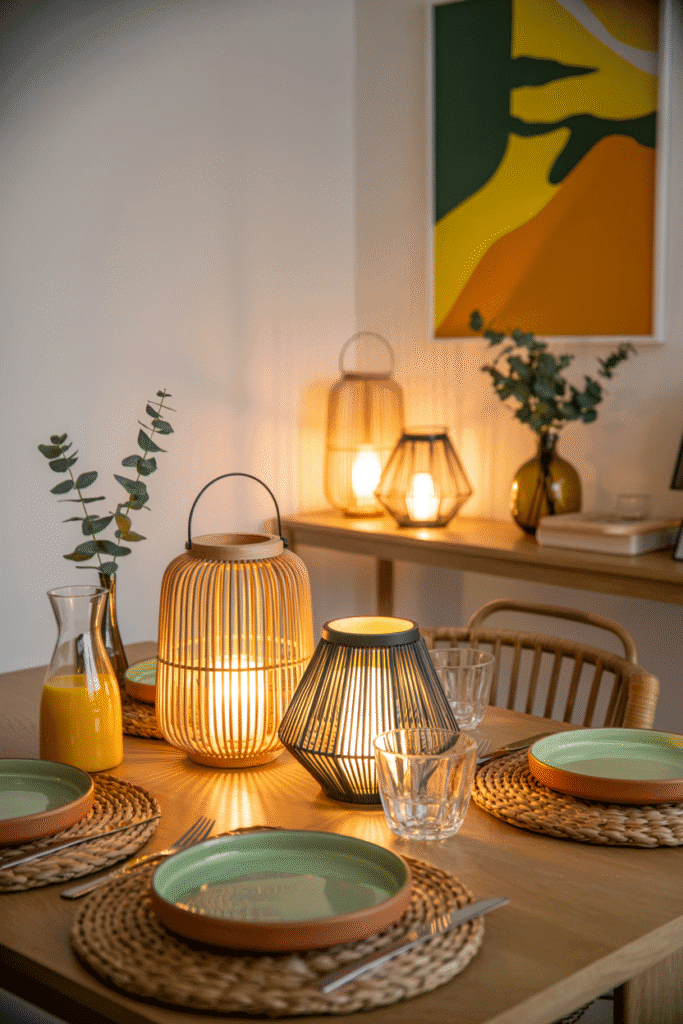 Table à manger conviviale éclairée par un groupe de lanternes pour une ambiance brunch chaleureuse.