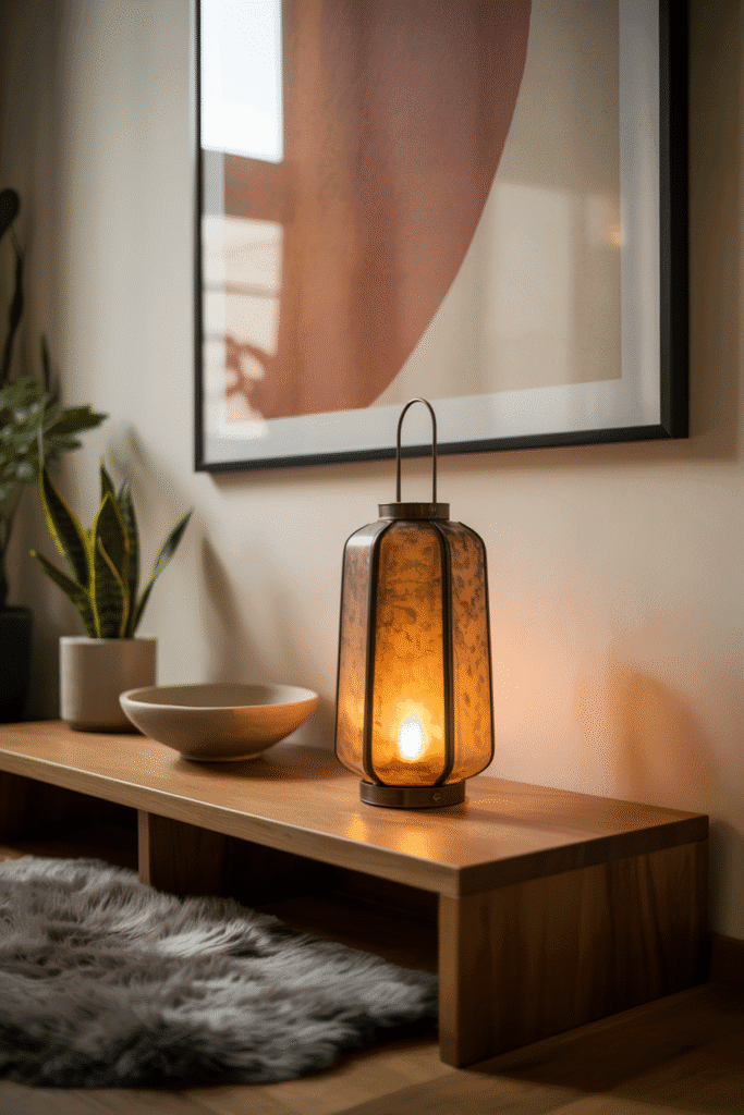 Entrée moderne avec une lanterne en bronze patiné sur une console, créant une ambiance accueillante et chaleureuse.