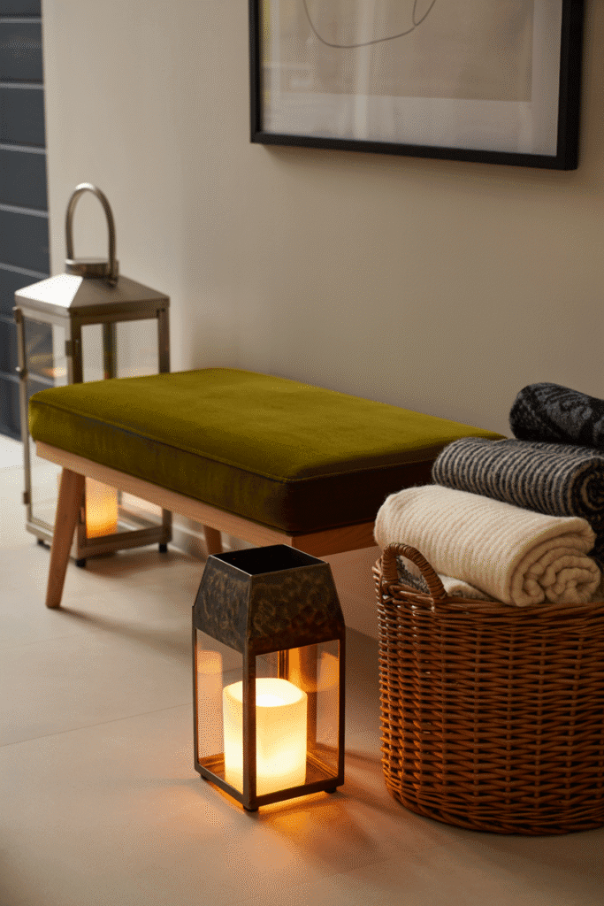 Entrée moderne avec un banc éclairé par deux lanternes de tailles différentes et des accessoires décoratifs.