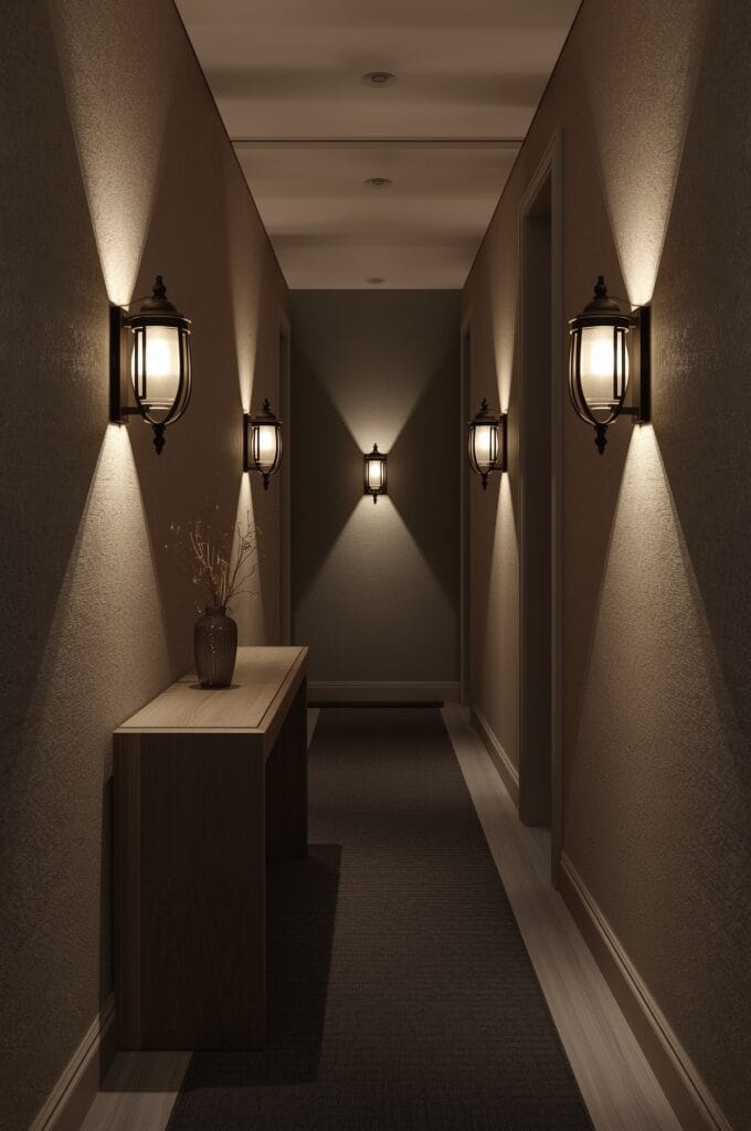 Couloir élégant avec une série de lanternes murales en bronze patiné créant un chemin lumineux accueillant.