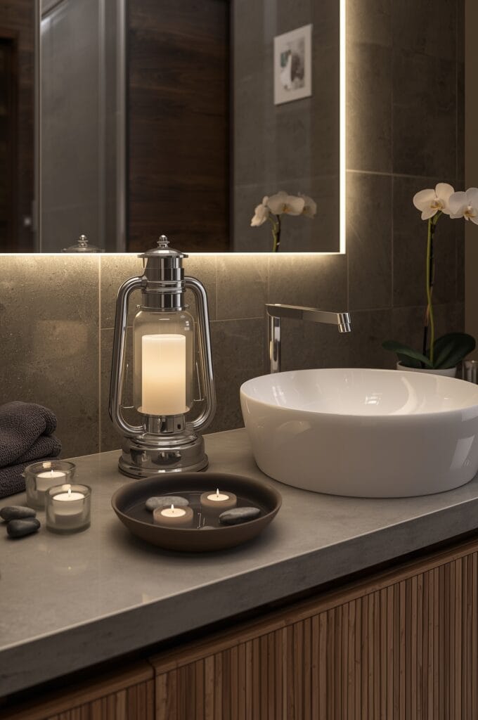 Salle de bain spa avec une lanterne étanche en chrome et verre dépoli sur le plan de vasque.