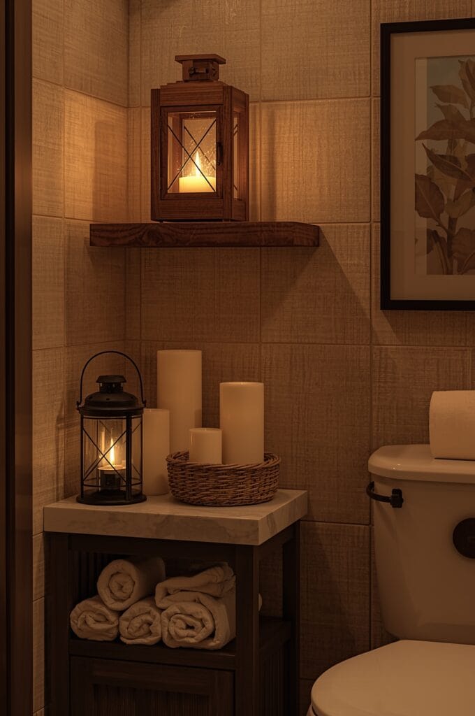 Coin salle de bain cosy avec des lanternes étanches en bois et métal créant une ambiance spa chaleureuse.