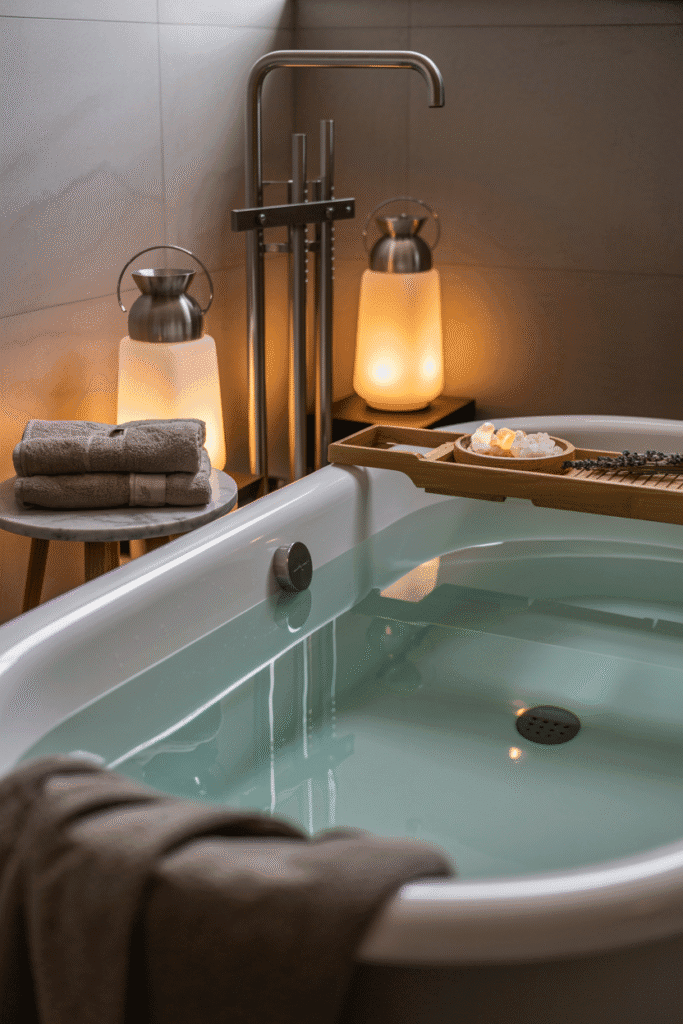 Espace baignoire avec plusieurs lanternes étanches à différentes hauteurs créant une ambiance spa relaxante.