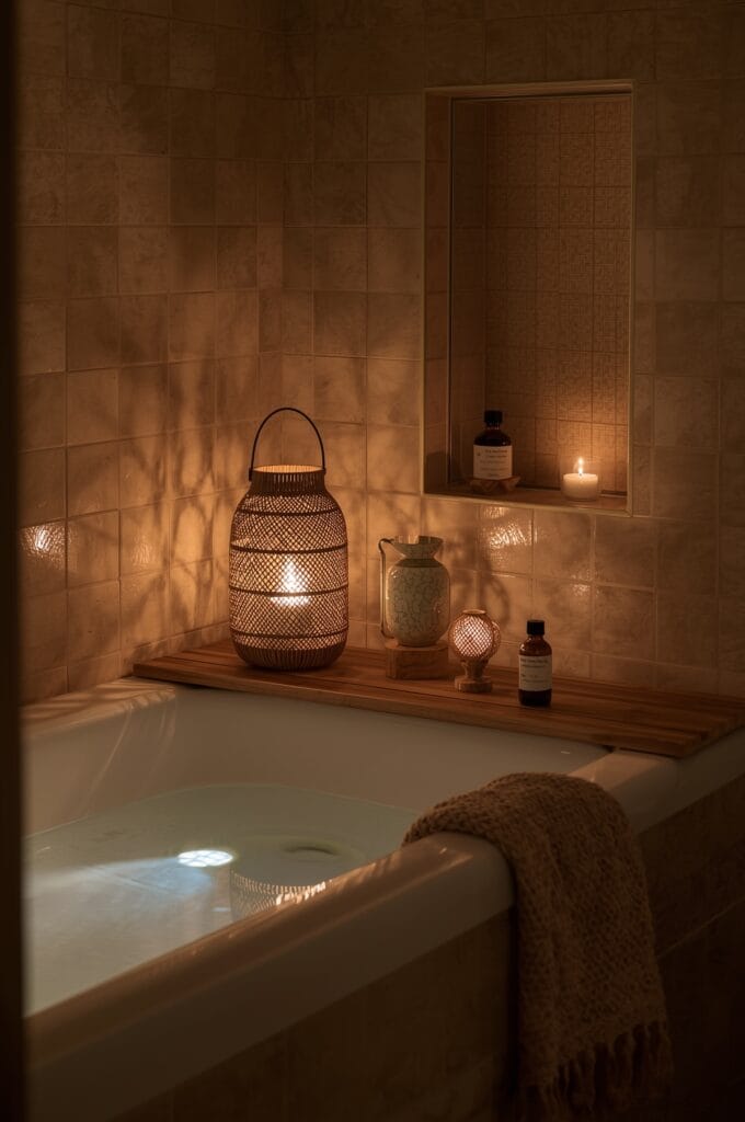 Coin baignoire intime avec un regroupement de lanternes naturelles créant une ambiance cocooning et chaleureuse.
