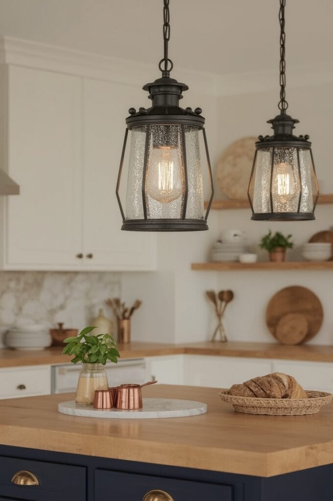 Cuisine transitionnelle avec lanterne industrielle suspendue et éclairage d'appoint au-dessus de l'îlot