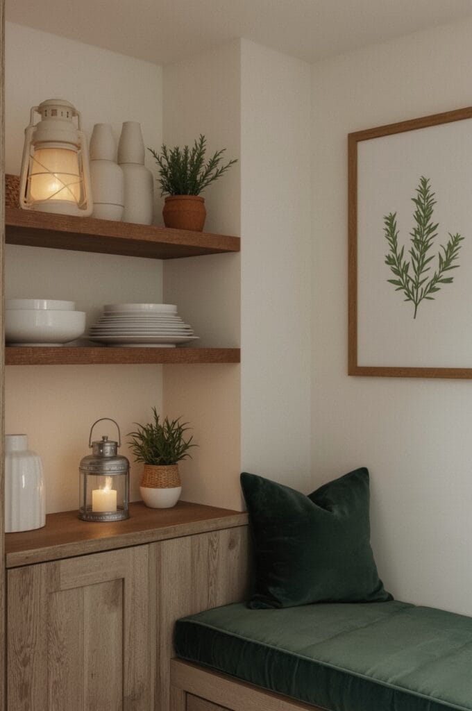 Coin petit-déjeuner cosy dans une cuisine avec des lanternes sur une étagère et une console