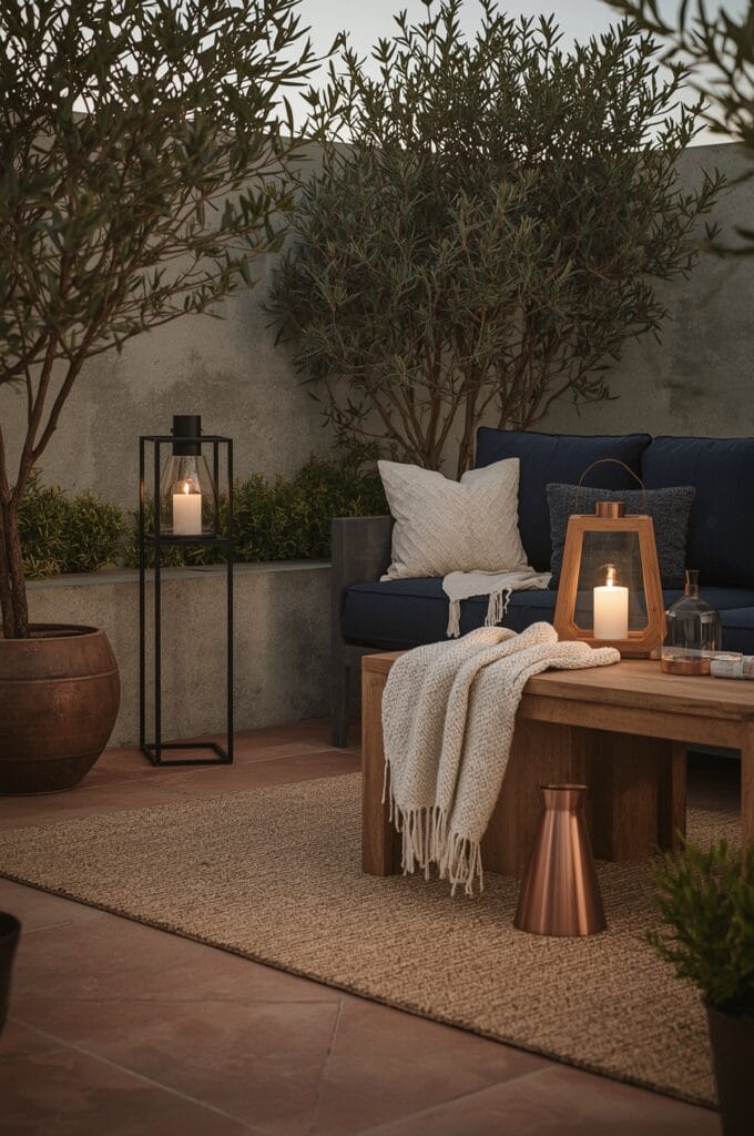 Terrasse contemporaine avec plusieurs lanternes résistantes aux intempéries créant une ambiance douce et enveloppante