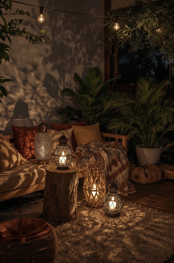 Terrasse bohème avec un regroupement de lanternes créant des jeux d'ombres et une ambiance intime