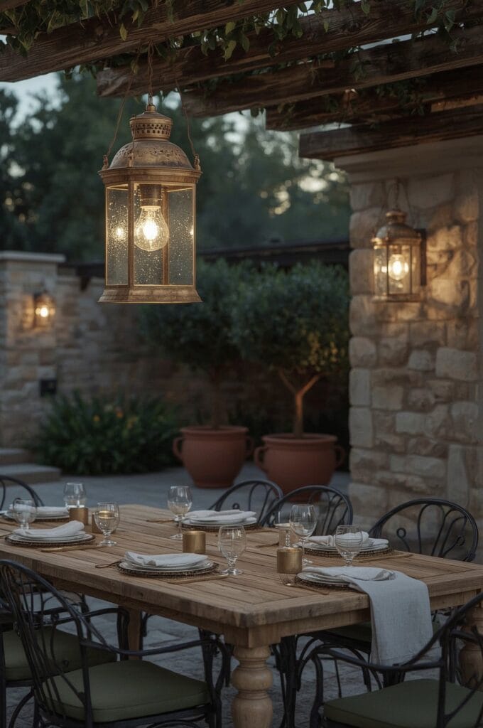 Terrasse avec lanterne suspendue au-dessus de la table à manger extérieure créant une ambiance intime