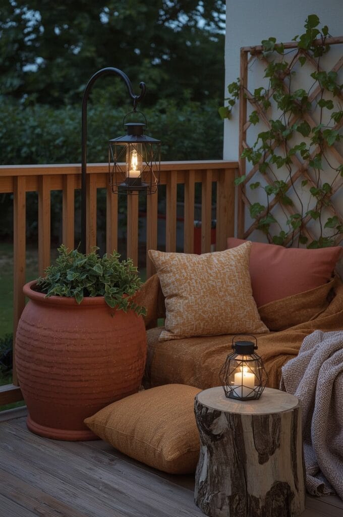 Coin détente sur une terrasse avec lanterne suspendue et lanterne posée créant une ambiance bohème