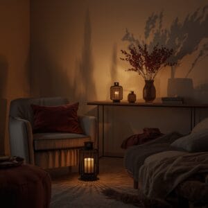 Ambiance chaleureuse d'un salon en soirée, éclairé par la lumière douce et dorée de plusieurs lanternes décoratives modernes.
