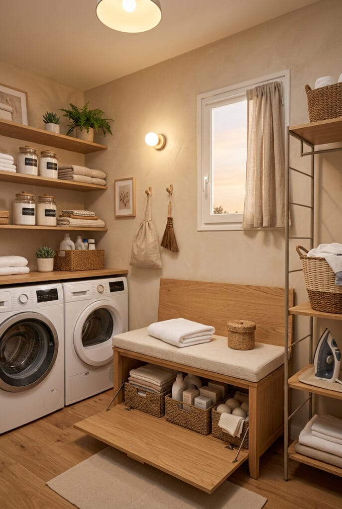 Banc coffre en bois clair avec coussin douillet pour un rangement buanderie cosy et multifonctionnel