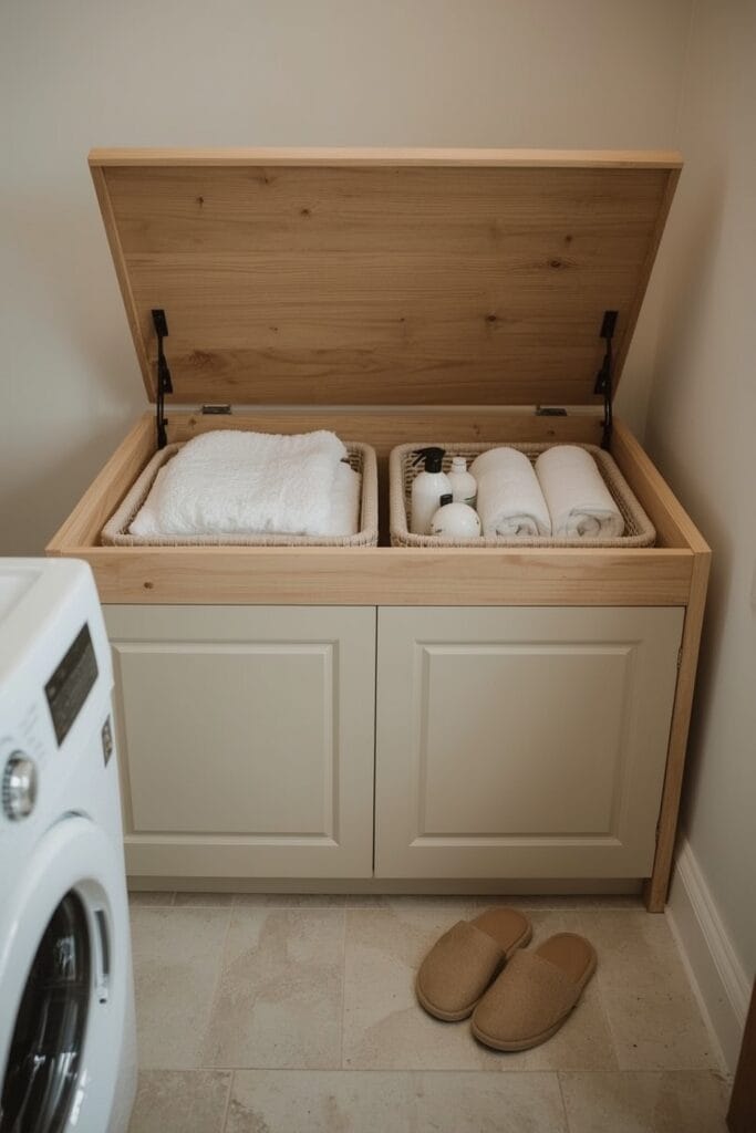 Banc coffre de rangement buanderie avec coussin et paniers à l'intérieur.