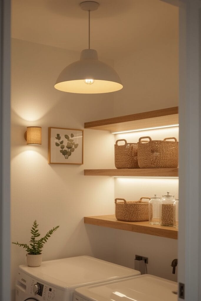 Rangement Buanderie avec éclairage doux, suspensions murales et LED sous étagères créant une ambiance cosy
