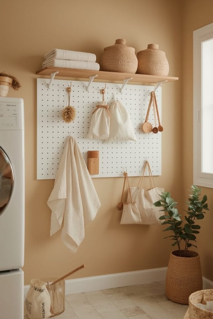 Mur organisateur blanc avec paniers suspendus, étagères en bois et rangements pour une buanderie cosy
