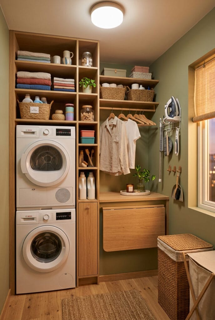 Rangement buanderie sur mesure en bois clair avec étagères ajustées et tiroirs coulissants pour petite buanderie