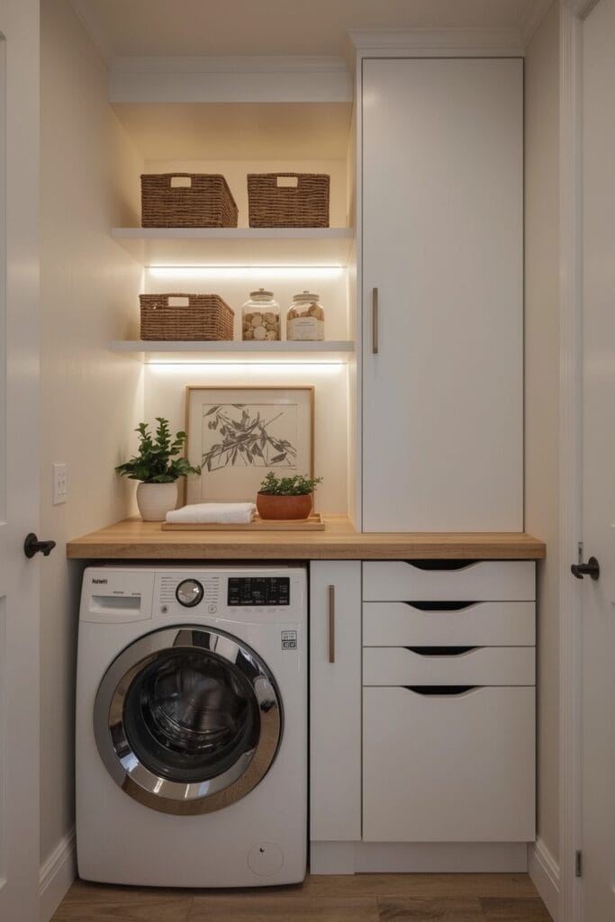 Rangement Buanderie sur-mesure avec étagères étroites, plan pliant et tiroirs coulissants pour petite buanderie cosy