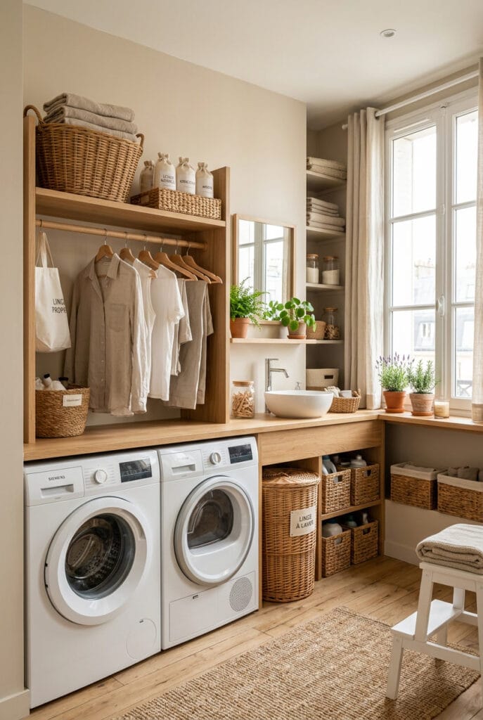 Rangement buanderie en matériaux naturels avec étagères en bois clair, paniers en osier et accessoires en lin
