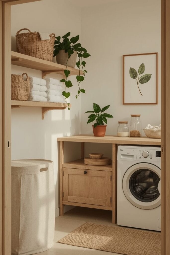 Une buanderie cosy avec rangement intégrant bois clair, paniers osier, lin et jute