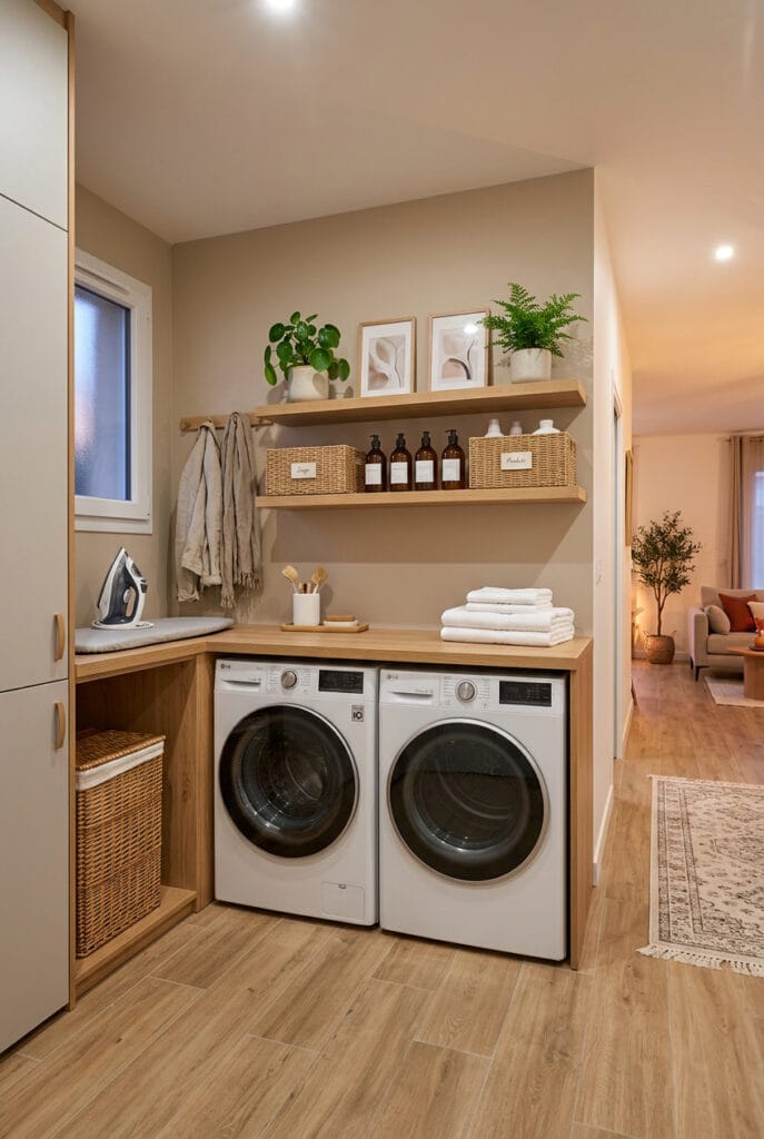 Buanderie ouverte intégrée dans la décoration intérieure avec étagères en bois, paniers assortis et plantes vertes pour un rangement buanderie cohérent