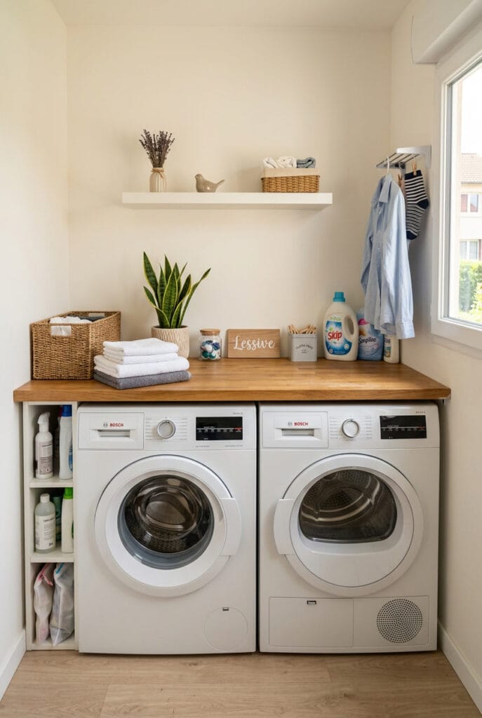 Plan de travail en bois clair au-dessus du lave-linge pour un rangement buanderie fonctionnel et cosy