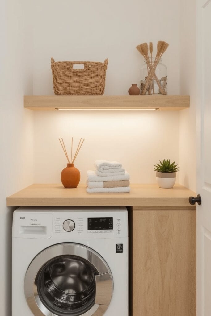 Rangement Buanderie avec plan de travail en bois sur machine à laver et accessoires organisés
