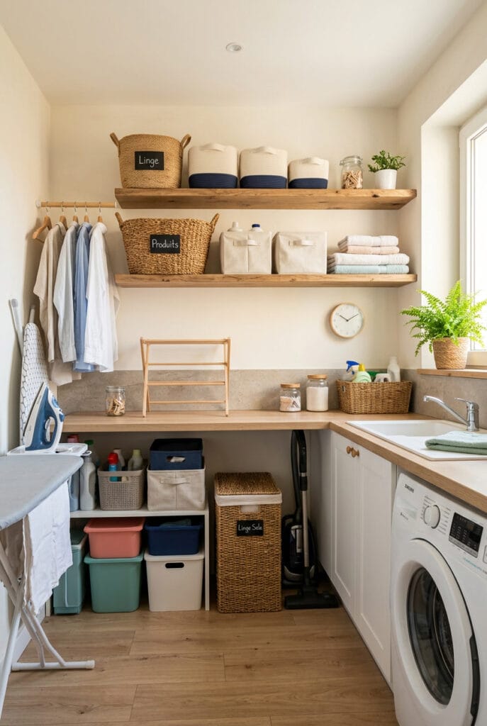 Paniers en osier et boîtes décoratives coordonnées pour un rangement buanderie stylé et organisé