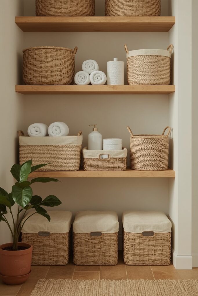 Rangement Buanderie avec paniers en osier et boîtes déco sur étagères en bois