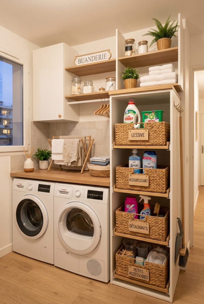 Tiroirs modulables en bois avec étiquettes pour un rangement buanderie organisé par catégorie de produits