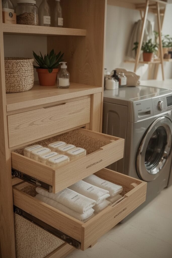 Rangement Buanderie avec tiroirs modulables en chêne clair organisant lessive, accessoires et produits d'entretien avec étiquettes
