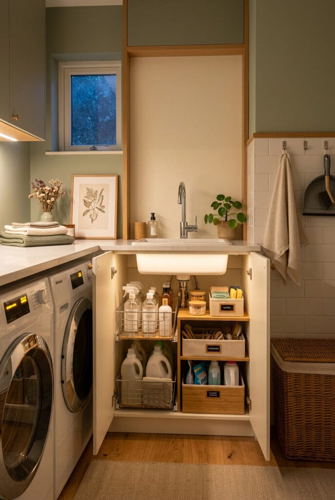 Espace sous lavabo optimisé avec paniers et étagères coulissantes pour un rangement buanderie pratique et organisé