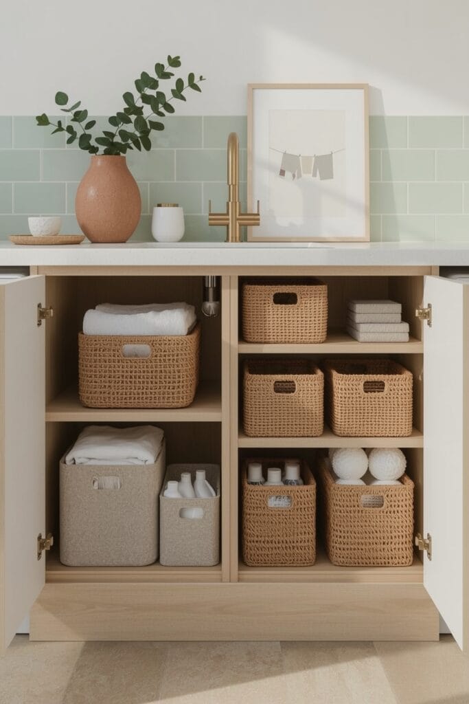 Rangement Buanderie organisé sous un lavabo avec étagères coulissantes, paniers en osier et boîtes assorties.