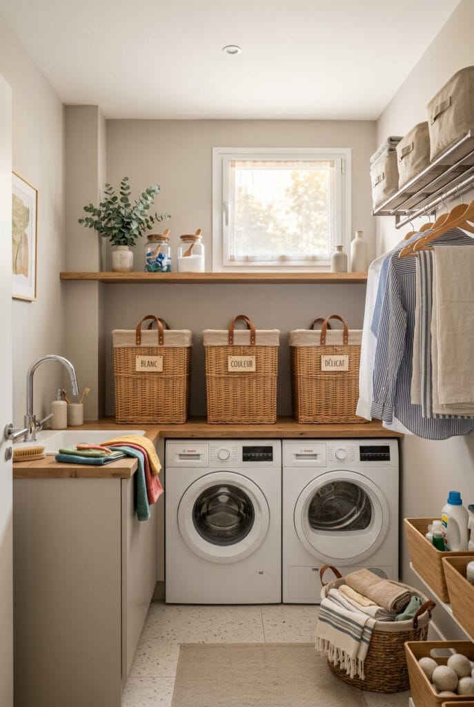 Paniers à linge assortis en osier étiquetés pour un tri facile et un rangement buanderie harmonieux