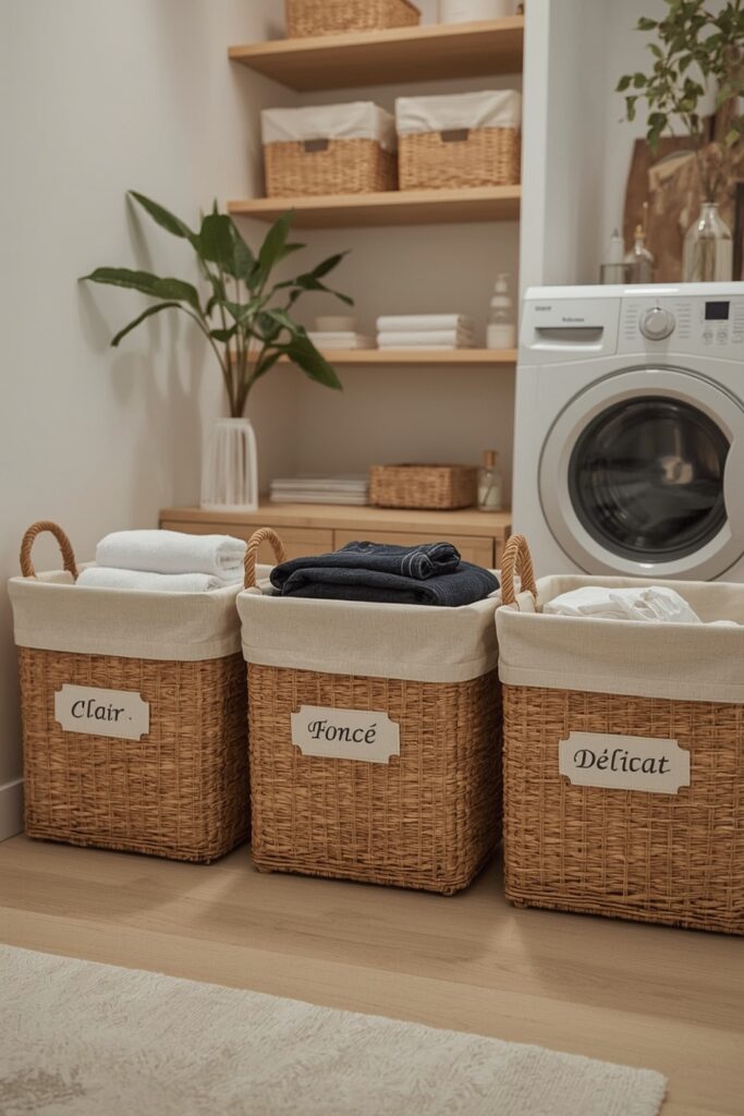 Rangement Buanderie avec paniers de tri à linge en osier étiquetés.