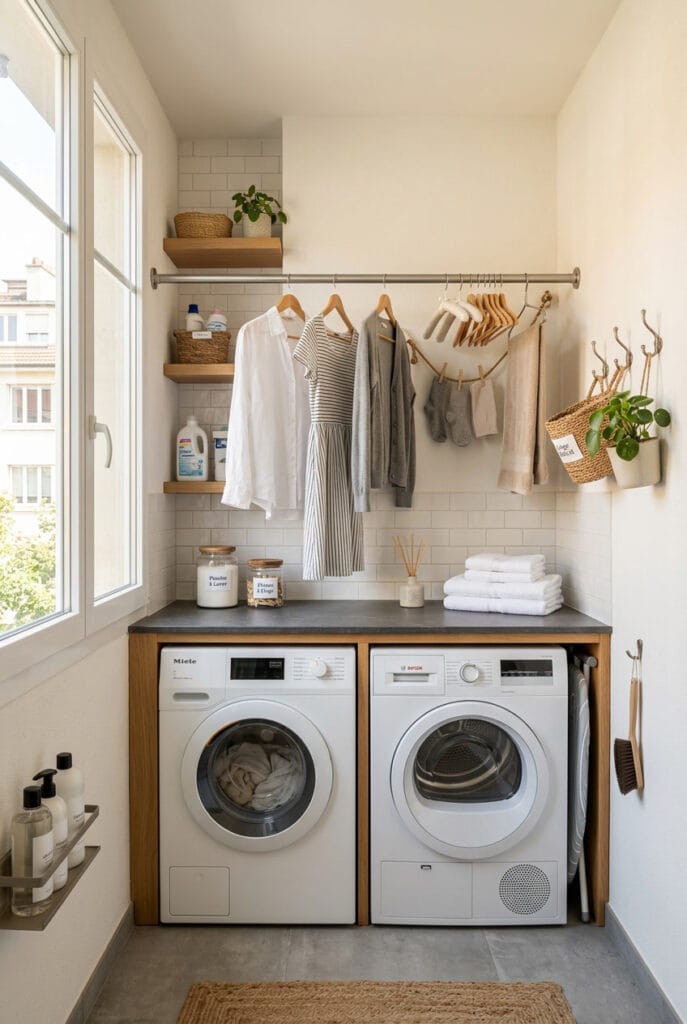 Barres et crochets muraux décoratifs pour suspendre le linge et optimiser le rangement buanderie en hauteur