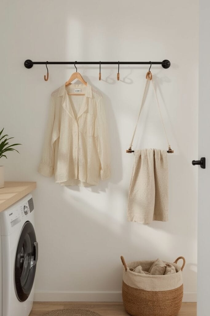 Rangement buanderie avec barre murale et crochets pour suspendre le linge.
