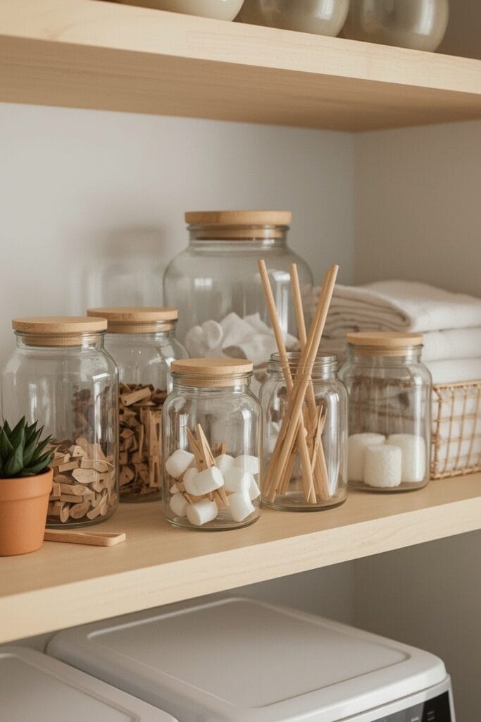 Rangement buanderie avec bocaux en verre organisant les petits accessoires.