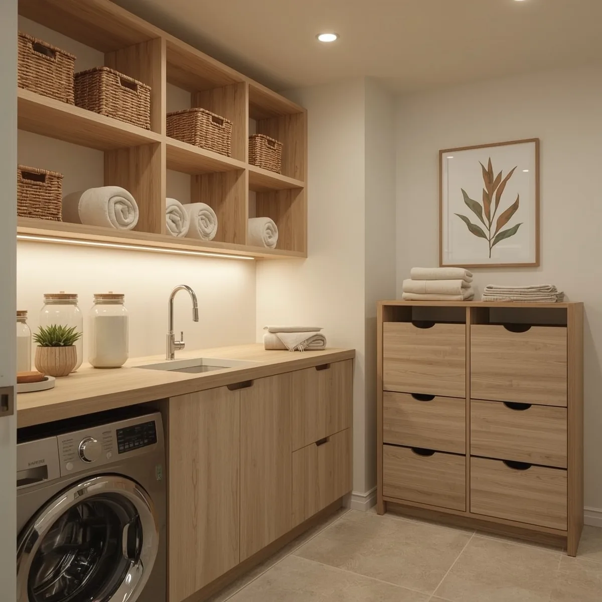 Rangement Buanderie organisé avec étagères en bois, paniers en osier, plan de travail, bocaux en verre et plantes vertes dans une ambiance cosy.