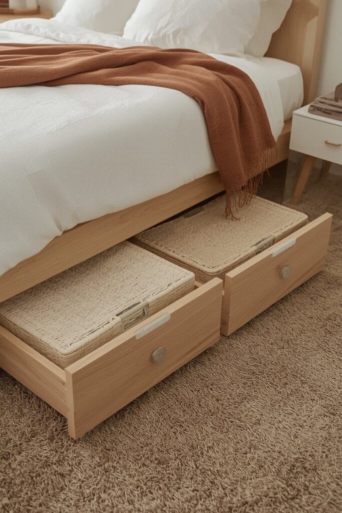 Rangement chambre avec rangement sous le lit intégré, tiroirs en fibre naturelle et paniers tressés dans une chambre cosy moderne.