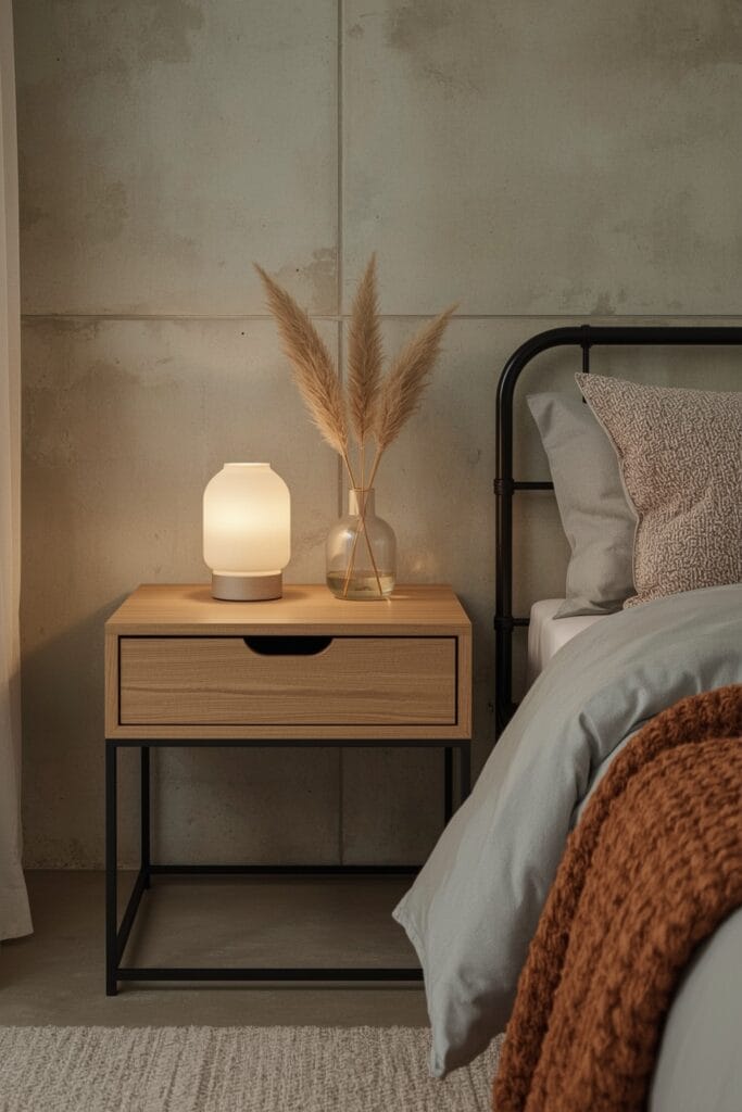 Rangement Chambre avec table de chevet design à tiroir caché dans un style industriel chic.