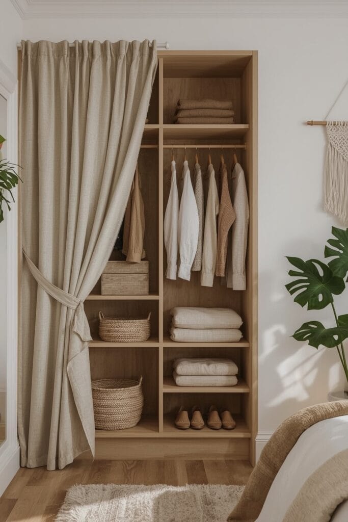 Rangement Chambre avec placard ouvert et rideau en lin dans un style boho chic.